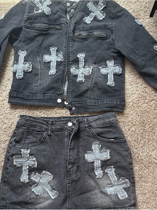 none Other - Black Denim Two-Piece Set with Distressed Cross Appliqués